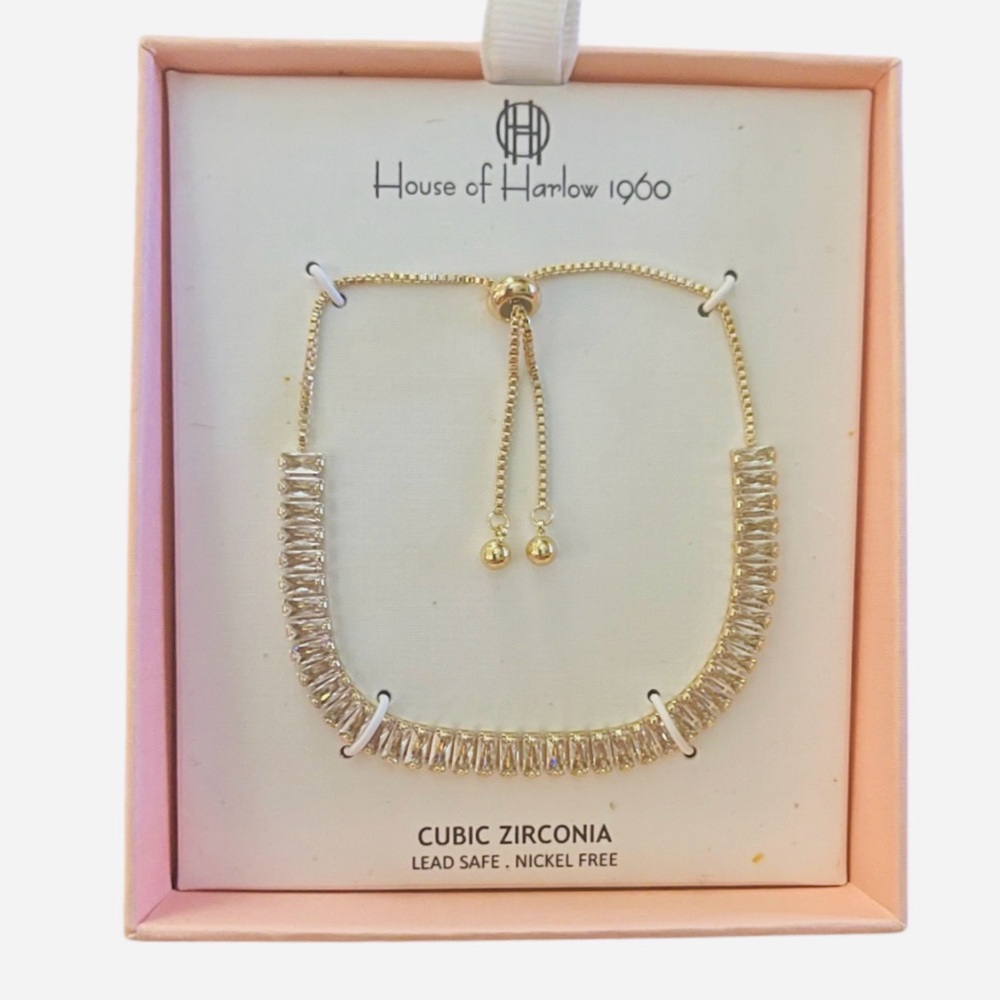 NIB House Of Harlow 1960 Gold-Toned Adjustable CZ Baguette Bracelet.